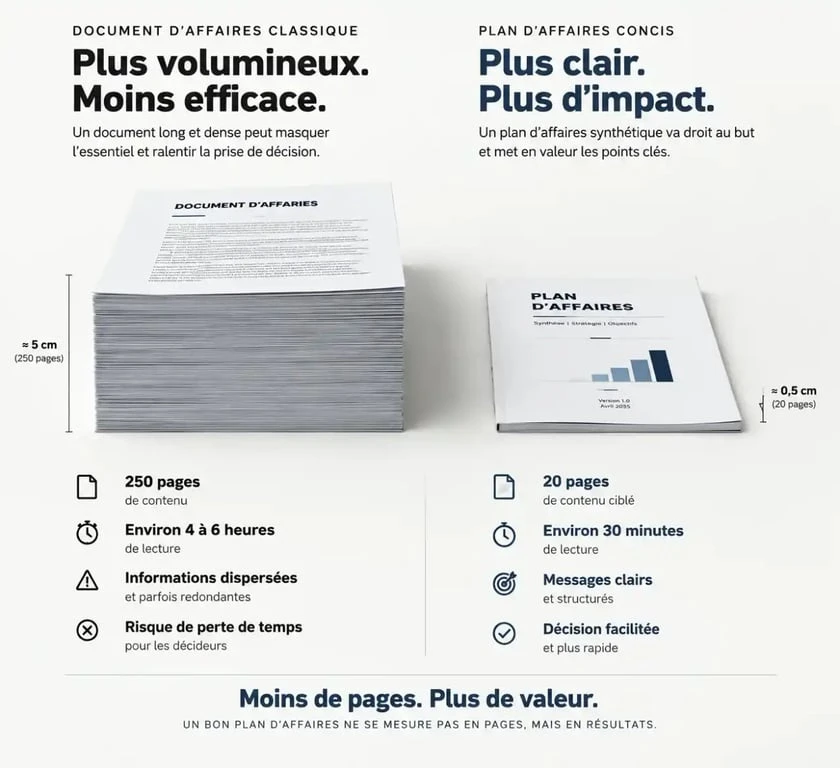 Comparaison visuelle entre un business plan simplifié et un business plan détaillé pour la création d'entreprise