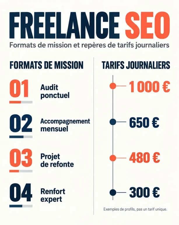 Infographie sur les formats de mission et les tarifs d’un freelance SEO