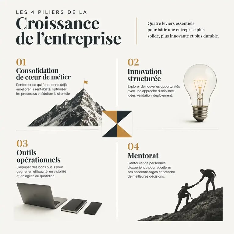 Infographie présentant les stratégies de croissance pour réussir et développer son entreprise avec pharrell business