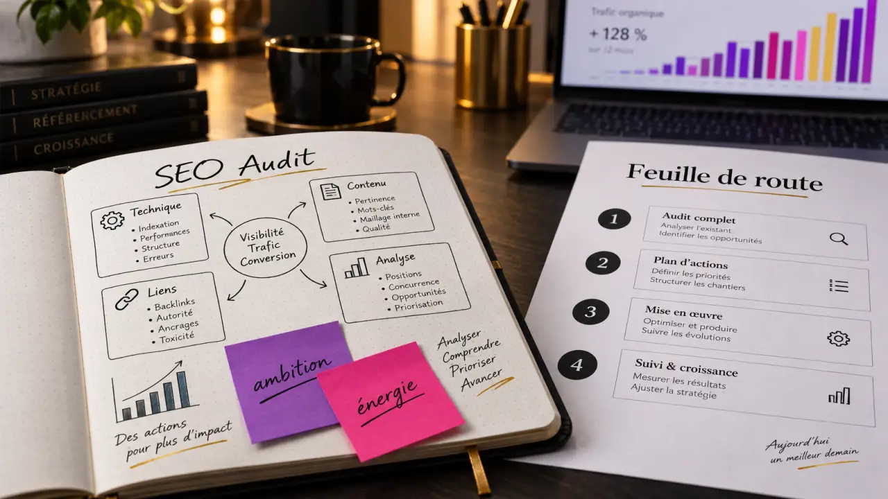 Freelance SEO : missions et compétences, infographie sur table